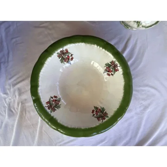 Vintage Iron Stone Wash Bowl/Basin and Vase/Pitcher Set White/Green